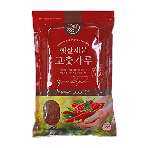 Chaeun Korean Premium Red Chili Pepper Flakes Seasoning Powder Gochugaru 1.1Lb 500g, Origin Korea - Coarse Fine Type 한국산 태양초 고춧가루 (Midium Spicy - Coarse), 1.1 Pound (Pack of 1)