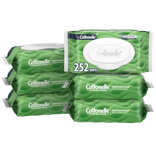 Cottonelle GentlePlus Flushable Wet Wipes with Aloe & Vitamin E, 6 Flip-Top Packs, 42 Wipes Per Pack (252 Total Wipes), Packaging May Vary