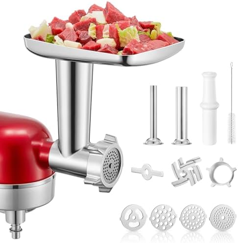 Stainless Steel Meat Grinder Attachment for KitchenAid Stand Mixer, Meat Grinder for Kitchen Aid Included 4 Grinding Plates, 2 Sausage Stuffer Tubes, 2 Grinding Blades, Food Meat Processor Accessories