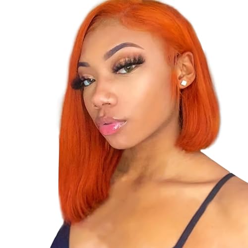 Orange Bob Wig Human Hair 13x4 HD Lace Front Wigs Human Hair Pre Plucked with Baby Hair 180% Density 350# Colored Lace Frontal Bob Wigs Straight Bob Wigs for Black Women 14 Inch