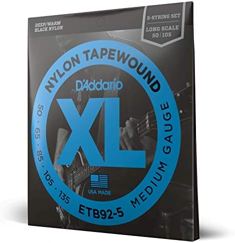D'Addario Bass Guitar Strings, Tapewound Black Nylon, ETB92-5, Long Scale, Medium Gauge 50-135, 5-String Set, Pack of 1