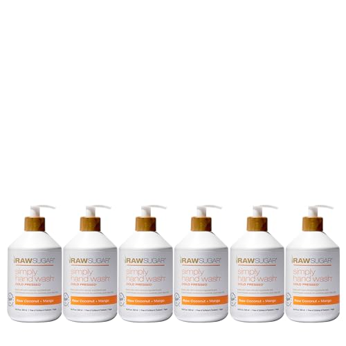 RAW SUGAR 6-Pack Liquid Hand Soap, Raw Coconut + Mango Simply Hand Wash, Moisturizing & Vibrant Aroma, Formulated without Parabens, Cruelty Free & Vegan - 16.9 Fl. Oz