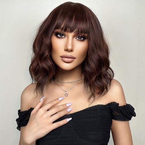 Short Curly Wigs with Bangs for Women 14 Inches Wavy Bob Wig Synthetic Heat Resistant Fiber Wigs