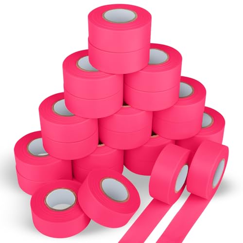 24 Pack Fluorescent Pink Flagging Tape, Non-Adhesive Plastic Ribbon Neon Marking Tape, Tree Tape, Surveyors Tape, Trail Marking, Survey Tape, 1.18 in. x 150 ft, 3.35 Mil Thick