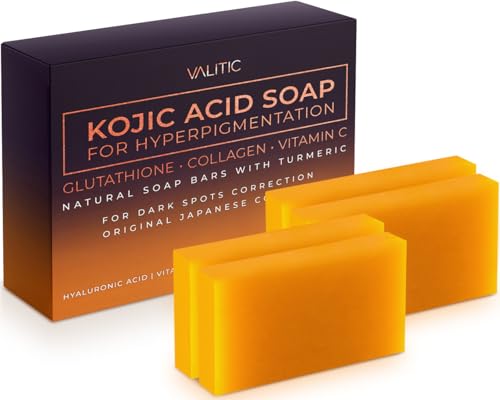 VALITIC Kojic Acid Soap for Hyperpigmentation - with Glutathione, Collagen & Vitamin C - Natural Soap Bars with Turmeric - Original Japanese Complex for Dark Spot Correction - 4 Pack