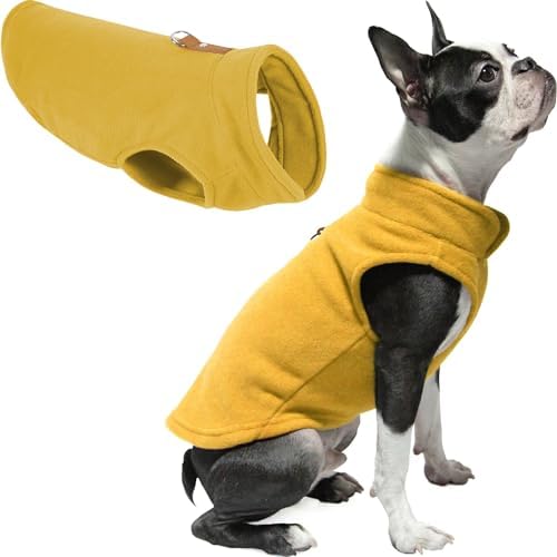 Gooby Fleece Vest Dog Sweater - Honey Mustard, Medium - Warm Pullover Fleece Dog Jacket with O-Ring Leash - Winter Small Dog Sweater Coat - Cold Weather Dog Clothes for Small Dogs Boy or Girl