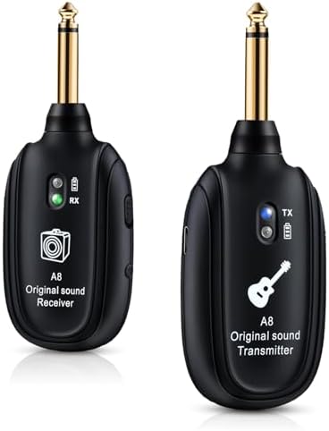 A8 Wireless Guitar System UHF 2 Modes, Rechargeable Li-Battery, 100ft Range, Plug & Play for Guitar, Bass, Violin, Keyboard - Black