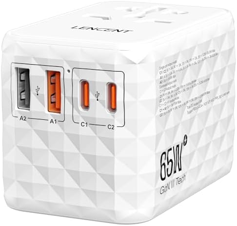 LENCENT 65W Universal Travel Adapter, GaN International Fast Charger 2 USB-A & 2 USB-C Power Plug Converter, Power Outlet Adapter for Phones,Laptops, All in One Travel Essentials for EU/USA/UK/AU