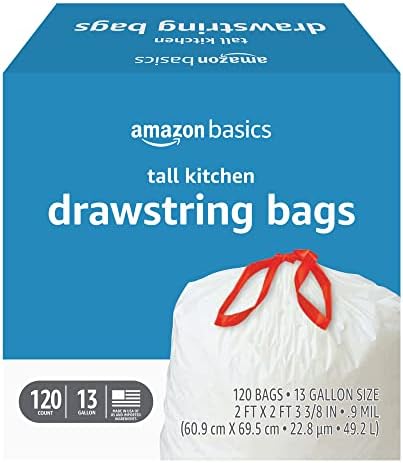 Amazon Basics Tall Kitchen Drawstring Trash Bags, 13 Gallon, 120 Count, Pack of 1