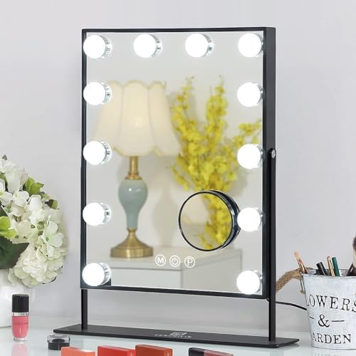 FENCHILIN Lighted Makeup Mirror Hollywood Mirror Vanity Makeup Mirror with Light Smart Touch Control 3Colors Dimable Light Detachable 10X Magnification 360°Rotation(Black)