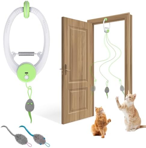 Cat Toy Interactive for Indoor Cats, Smart USB Rechargeable Door Hanging Automatic Retractable Kitten Toys, Teaser Electronic Self Play Feather Cat String Toy Attached with 3 Catnip Mice Green