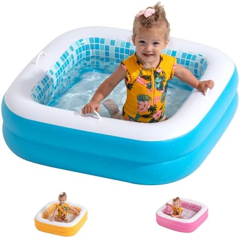 Baby with Cushioned Floor, Grip Handles and Drain - Skin Safe Small Square Inflatable Kiddie Pool, Bathtub and Ball Pit, for Babies, Infants and Toddlers 1-3, 34" Summer Blue