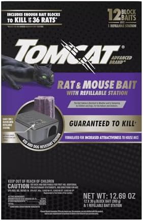 Tomcat Advanced Brand Rat & Mouse Bait with Refillable Station, Indoor and Outdoor Use, 1 Station and 12 Poison Block Refills