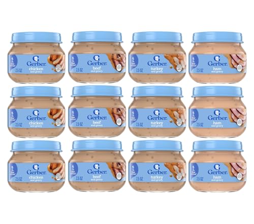 Gerber 2nd Foods 12 Total 2.5 Ounce Jars of Each Flavor (3 Turkey & Turkey Gravy, 3 Ham and Ham Gravy, 3 Chicken & Chicken Gravy, 3 Beef and Gravy)