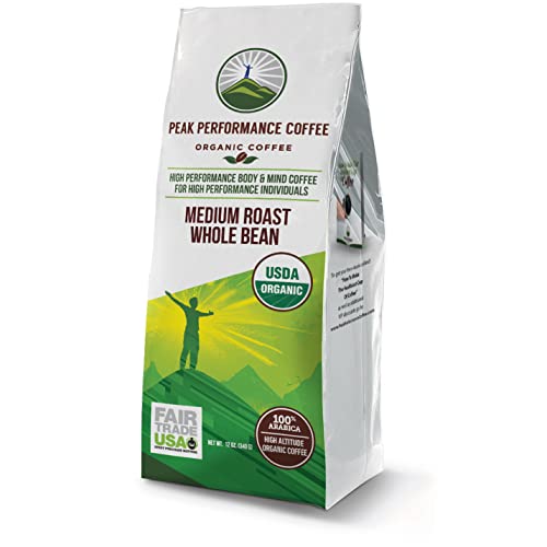 Peak Performance High Altitude Organic Coffee. Fair Trade, Low Acid, Non GMO, and Beans Full Of Antioxidants. Medium Roast Smooth Tasting USDA Certified Organic Whole Bean Coffee Bag