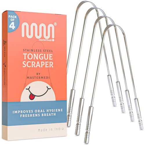 MasterMedi Tongue Cleaner Tongue Scraper Surgical Grade Stainless Steel Tongue Brush Dental Kit Professional Eliminate Bad Breath With Non-synthetic Grip (Family Pack (4 pcs)