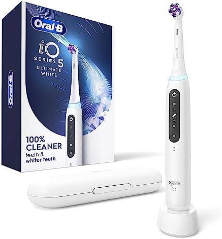 Oral-B iO Series 5 Ultimate White Rechargeable Electric Toothbrush with Visible Pressure Sensor, 2 Minute Timer, 5 Cleaning Settings, 1 Replacement Toothbrush Heads, and Travel Case, White