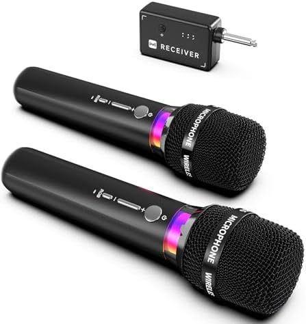 Wireless Microphone, Rechargeable Wireless Dual Microphones with One-to-One Chip Connection and LED Lights, 40H Duration, 200FT Range Receiving, Less Latency Karaoke Microphone for Singing