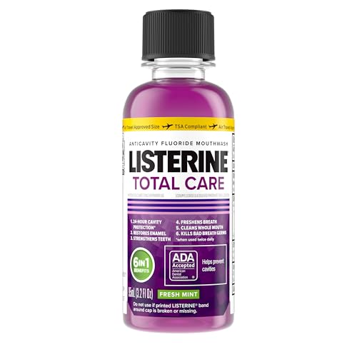 Listerine Total Care Anticavity Fluoride Mouthwash for Bad Breath, Fresh Mint, 3.2 Fl oz, Pack of 12