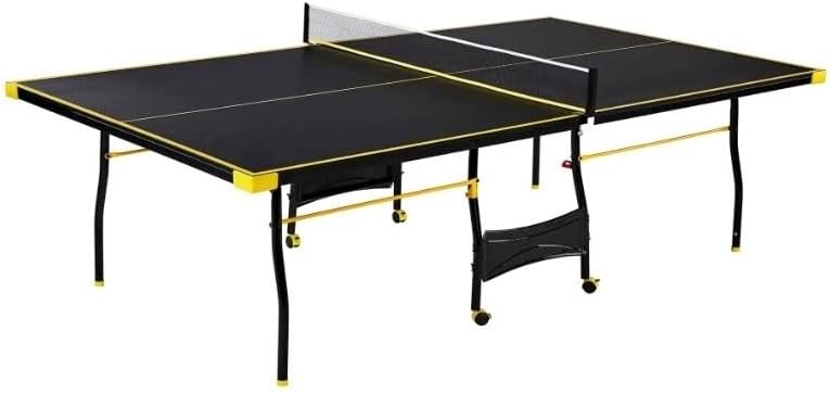 Black Yellow Folding Rolling Table Tennis Table Indoor Ping Pong Table with 2 Paddles 2 Balls 1 Net and Post Set 4 Wheels for Easy Movement Perfect Christmas New Year Holiday Season Gifts