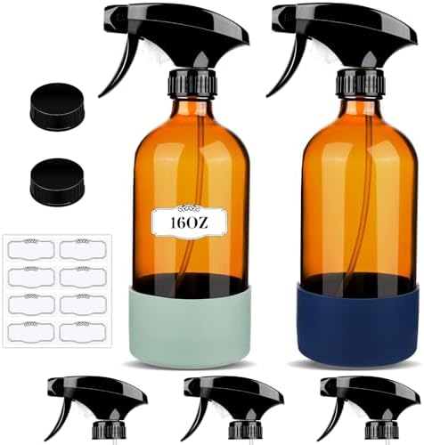 2 Pack/16 Oz Glass Spray Bottles, Refillable Empty Containers with Silicone Sleeve, Upgraded Adjustable Nozzle Spray Bottle Sets for Cleaning, Essential Oils, Hair (Amber)