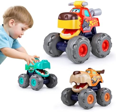 Toy Cars For 1 2 3 Year Old 3 Pack Monster truck Toy Crocodile Bull Leopard Pull Back Car Big Wheel Animal Toy Trucks for Toddler 1-3 Baby Toys 12 18 Months Boys Girls Toddlers Toy for 1 Year Old Gift