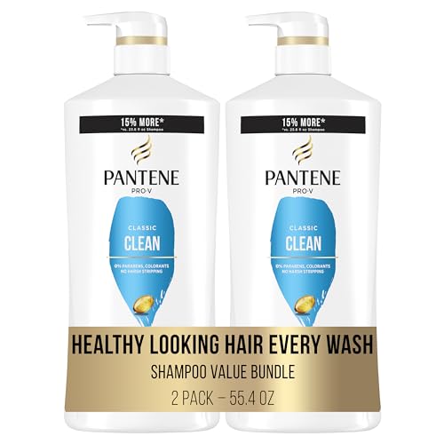 Pantene Classic Clean Shampoo Twin Pack, Pro-V Nutrients for Dry, Color-Treated Hair, Healthy Looking Hair Every Wash, Antioxidant-Rich, 27.7 Fl Oz Each + Miracle Rescue Shot (0.5 Oz)