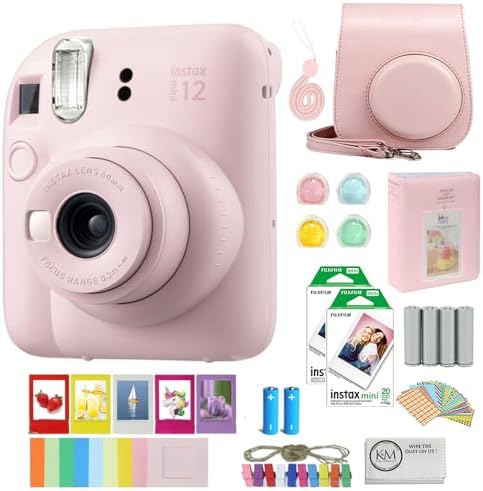 FUJIFILM INSTAX Mini 12 Instant Film Camera | Blossom Pink Bundled with INSTAX Mini Instant Film |40 Exposures + Instax Accessory Bundle + AA Batteries + Cleaning Cloth (10 Items)