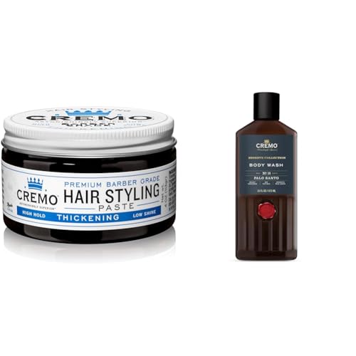 Cremo Barber Grade Hair Styling Thickening Paste and Palo Santo Body Wash Bundle, 4 Oz and 16 Fl Oz