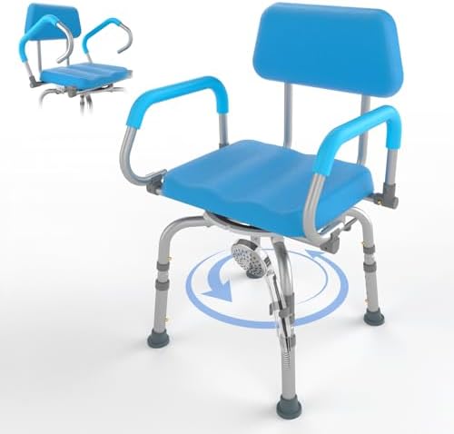 360° Swivel Shower Chair, Adjustable Shower Seat with Arms and Back & Soft Padded Seat for Bathtub, Non-Slip Rotating Bathtub Chair for Seniors Elderly Disabled Bariatric Pregnancy, 4-Level Height