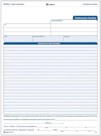 Adams Contractor Invoice Forms, 8.5 x 11.44 Inch, 3-Part, Carbonless, 100-Pack, White, Canary and Pink (NC3822)