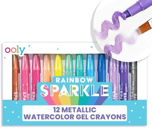 OOLY Rainbow Sparkle Metallic Watercolor Gel Crayons, Set of 12,Glitter Gel Markers for Kids and Toddlers, Colorful Twistable Crayons for School, Drawing - Metallic