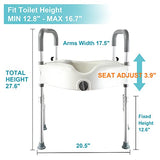 Lock Raised Toilet Seat with Handles, 5 Inch Toilet Seat Riser Heavy Duty with Adjustable Arms and Legs Fits Most Toilets, Elevated Toilet Seat 300 LBS(Regular, Grey+White）