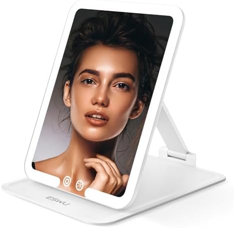 ESWU Travel Makeup Mirror with Light, Portable Folding Make up Mirror with Lighting, Rechargeable Vanity Mirror with 3 Color Lights Compact Tabletop Mirror with Adjustable Stand (Small)