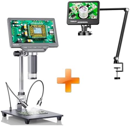TOMLOV DM402 Arm Flexible 10" LCD Digital Microscope, Soldering Microscope for Electronics Repair, Coin Microscope Full View, Coin Magnifier with Ring Light+DM201 SE Digital Microscope