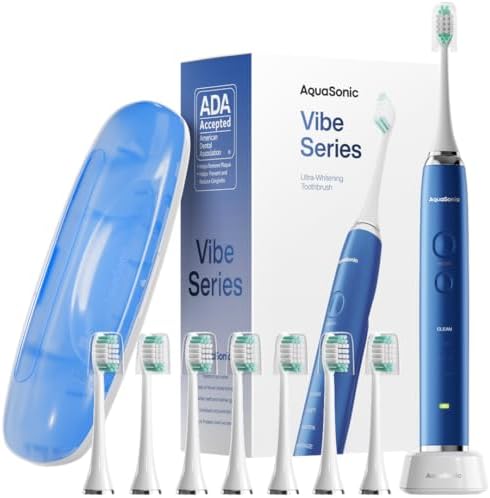 Aquasonic Vibe Series Ultra-Whitening Toothbrush – ADA Accepted Electric Toothbrush - 8 Brush Heads & Travel Case – 40,000 VPM Motor & Wireless Charging - 4 Modes w Smart Timer – Sapphire Blue
