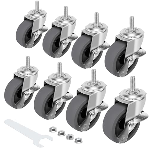 Caster Wheels, 3" Locking Swivel Stem Casters Set with Brake of 8, 3/8"-16 x 1 (Screw Diameter 3/8", Length 1") Rubber Casters with 360 Degree No Noise Wheels
