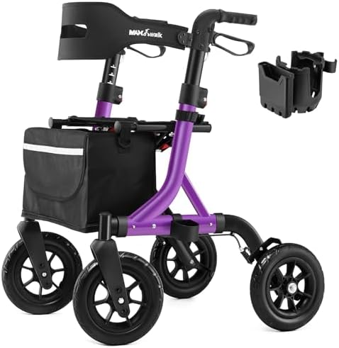 Rollator Walker for Seniors, Foldable All Terrain Rolling Walker with seat, Aluminum Walkers with 10 inch Rubber Wheels, Built-in Cable, Cup Holder, Adjustable Handles and Backrest for Seniors, Purple