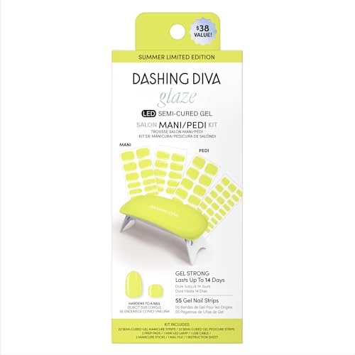 Dashing Diva Glaze Mani Pedi Kit - The Limone Glaze - Comes with LED Nail Lamp - Long Lasting, Semicured Gel Nail Strips for Toes & Hands