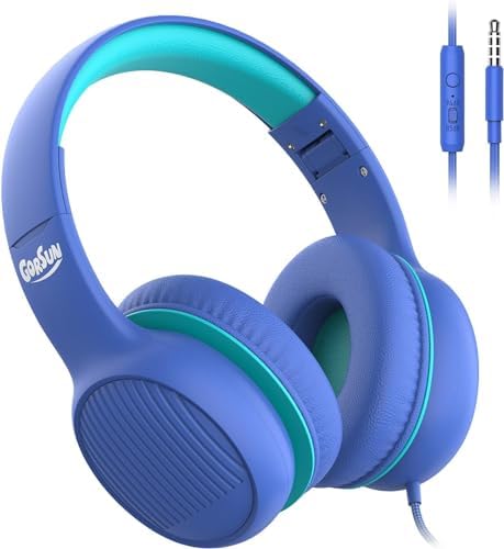 gorsun Wired Kids Headphones, 85dB/94dB Volume-Limited Toddler Headphones,3.5mm Kids Headphones with Cord,in-Line HD Mic, Audio Sharing,Foldable Kids Headphones for School with Travel, Blue