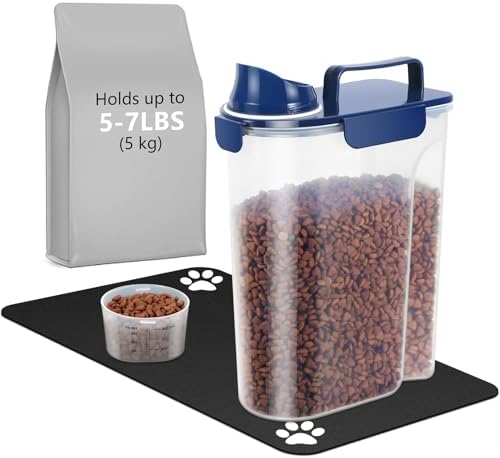 5-7Lbs Portable Airtight Dog Cat Food Container, match pet feeding mat Clean and convenient, making food less messy,translucent Storage Bin for Small Animal Kibble,Bird Seed,Oatmeal,Rice-Royal Blue