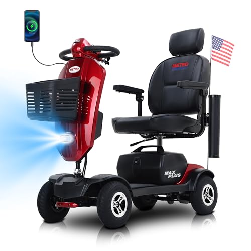 Metro Mobility Powered Mobility Scooters, 4 Wheel Mobility Scooters for Adults, 300 lbs Capacity Folding Mobility Scooter Lightweight, 16 Miles Long Travel Range Scooter with USB Charger Port Red