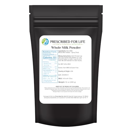 Prescribed For Life Dry Milk Powder, USDA Grade A Whole Milk rBST & rBGH Free, Non GMO, Kosher, Halal, Shelf Stable Whole Milk Powder (12oz / 340g)
