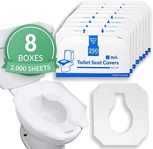 Reli. Toilet Seat Covers (2000 Pcs, 8 Packs of 250) | Disposable Toilet Seat Cover - Flushable - 14x16" (Half-Fold) | Paper Liners for Restroom, Bathroom, Travel, Camping, Kids Potty Training