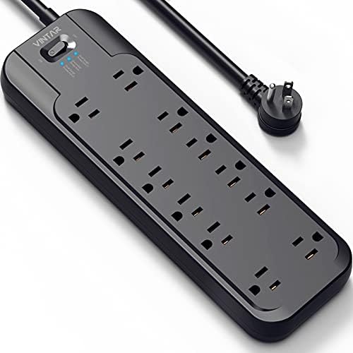 VINTAR Power Strip Surge Protector (2 × 4800 Joules) with 12 AC Outlets,1875W Output, 6ft Long Extension Cord Flat Plug with Dual Surge Protection for Office, Home, ETL Listed, Black
