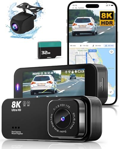 Dash Cam Front and Rear, 8K UHD Dash Camera for Cars, Dash Cam with App Control, Car Camera with 32GB Card, Built-in Wi-Fi & GPS, 3.16”IPS Screen, 170°Wide Angle, WDR, Night Vision, 24H Parking Mode