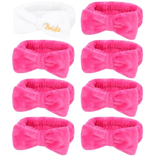 Semato Bachelorette Party Favor Set Bride Spa Headband Bride Headband and Bridesmaid Headband Skincare Headbands for Women Cute Bow Head Bands Party Supplies (1 bride+ 7 hot pink)