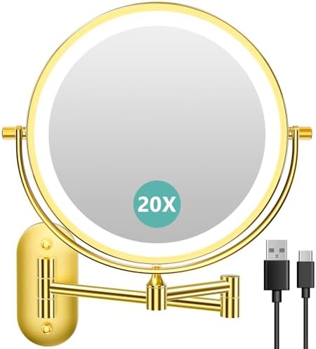 1X/20X Wall Mounted Makeup Mirror with Light, 8" Double-Sided Magnifying Mirror, 3 Color Lights Touch Dimmable Vanity Mirror with 360° Extension Rotation Foldable 14.5 Inch Arm for Bathroom