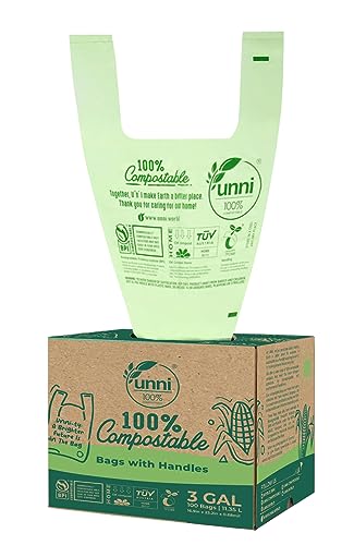 UNNI Compostable Bags with Handles, 3 Gallon, 11.35 Liter, 100 Count, 0.68 Mil, Small Kitchen Food Scrap Waste Bags, T-Shirt Bags, ASTM D6400, US BPI, CMA & OK Compost Home Certified, San Francisco