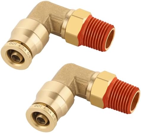 1/4" Quick Push to Connect Fittings Brass 90 Degree Union Swivel Elbow Joint DOT Approved 1/4" Tube OD x 1/8" NPT Thread Air Brake Line Adapter Air Suspension Kit for Car Truck Trailers 2pcs